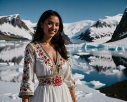 ai généré portrait de une Jeune femme souriant à caméra dans de face de icebergs. ai génératif photo