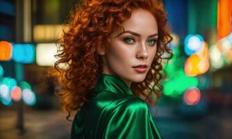 ai généré magnifique Jeune femme avec rouge frisé cheveux dans une vert robe dans le ville à nuit. ai génératif photo