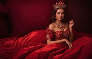 ai généré magnifique fille dans une rouge robe avec une couronne sur sa diriger. ai génératif photo