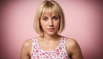 ai généré magnifique Jeune femme dans une blanc T-shirt sur une rose Contexte. ai génératif photo