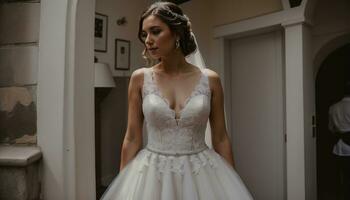 ai généré magnifique la mariée dans blanc mariage robe posant. ai génératif photo