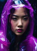 ai généré magnifique asiatique femme dans violet imperméable en marchant dans le ville. ai génératif photo