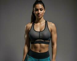 ai généré portrait de une en forme Jeune femme posant à le crossfit salle de sport. ai génératif photo