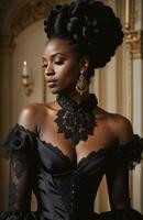 ai généré magnifique africain américain femme portant noir robe et bijoux. ai génératif. ai génératif photo