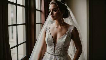 ai généré magnifique la mariée dans blanc mariage robe posant. ai génératif photo