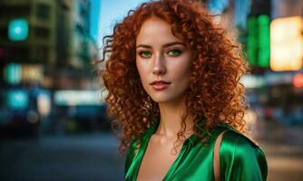 ai généré magnifique Jeune femme avec rouge frisé cheveux dans une vert robe dans le ville à nuit. ai génératif photo