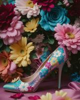 ai généré mariage des chaussures avec haute talons sur une Contexte de fleurs. ai génératif photo