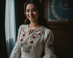 ai généré portrait de une Jeune femme souriant à caméra dans de face de icebergs. ai génératif photo