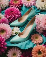 ai généré aux femmes des chaussures et fleurs sur coloré arrière-plan, Haut voir. ai génératif photo