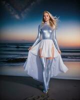 ai généré magnifique blond femme dans blanc robe sur le plage à nuit. ai génératif photo