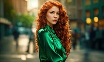 ai généré magnifique Jeune femme avec rouge frisé cheveux dans une vert robe dans le ville à nuit. ai génératif photo