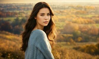 ai généré portrait de une magnifique Jeune femme dans le ville à le coucher du soleil. ai génératif photo