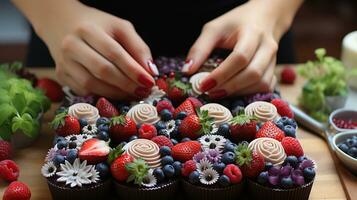 ai généré fraise petit gâteau sur Jeune femme main pour dessert photo