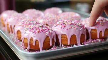 ai généré Donut en train de préparer casse-croûte pour fête anniversaire pour des gamins crémeux Garniture photo