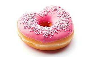 ai généré rose Donut dans le forme de une cœur isolé sur une blanc Contexte. photo