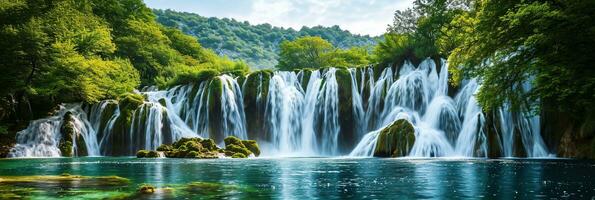 ai généré panoramique cascade vues. photo