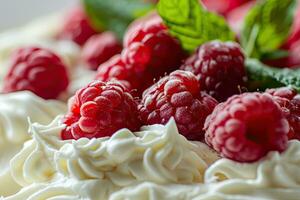 ai généré proche en haut de blanc fouetté crème avec framboises pour Contexte et conception. photo