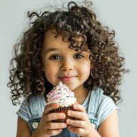 ai généré adorable peu fille avec frisé cheveux en portant une petit gâteau avec fouetté crème. photo