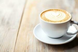 ai généré proche en haut de une café tasse avec une cœur en forme de latté art. photo