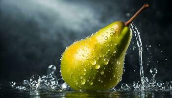 ai généré Jaune poire avec l'eau gouttes sur foncé Contexte photo