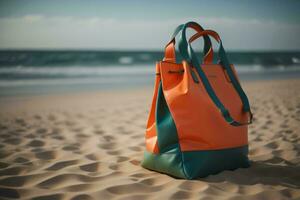 ai généré Orange sac sur le plage avec mer et ciel Contexte. Voyage concept. génératif ai photo