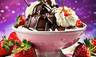 ai généré Chocolat gâteau avec la glace crème et Frais des fraises sur une en bois tableau. ai génératif photo