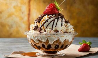 ai généré Chocolat gâteau avec la glace crème et Frais des fraises sur une en bois tableau. ai génératif photo