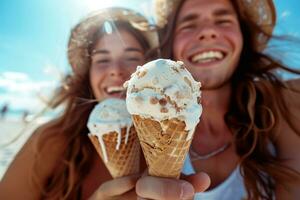 ai généré une de bonne humeur couple en portant la glace crème cônes. génératif ai. photo