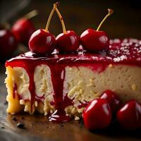 ai généré cheesecake avec cerises sur une en bois arrière-plan, sélectif se concentrer. génératif ai photo