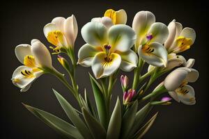 ai généré bouquet de crocus et tulipes sur solide Couleur Contexte. ai génératif photo