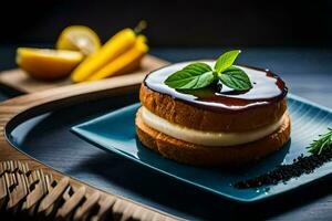 ai généré une gâteau avec Chocolat et crème sur une bleu assiette photo