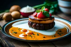 ai généré une assiette surmonté avec une dessert et des fraises photo