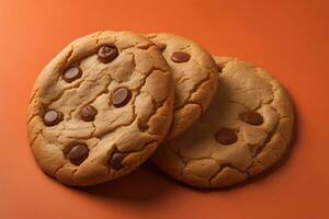 ai généré Chocolat puce biscuits sur Orange Contexte. proche en haut. sélectif se concentrer. ai génératif photo