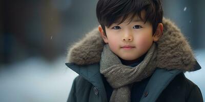 ai généré fermer de une Jeune asiatique garçon dans hiver tenue. ai génératif. photo