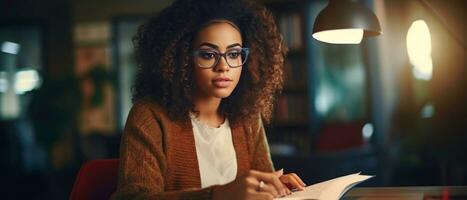 ai généré confortable bibliothèque paramètre, une femme absorbé dans en lisant. ai génératif. photo