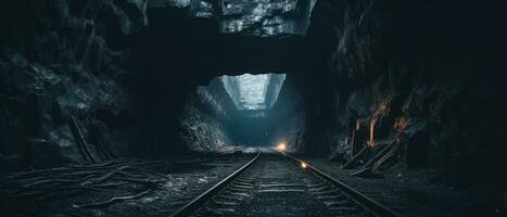 ai généré sinistre souterrain tunnel avec abandonné train piste. ai génératif. photo