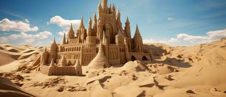 ai généré magnifique le sable Château sur d'or sable, avec complexe tours. ai génératif. photo