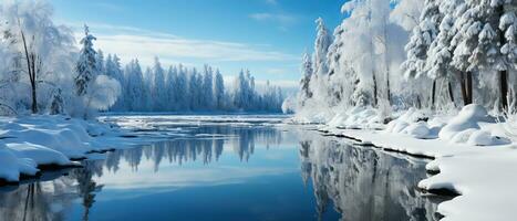 ai généré ensoleillé, hivernal journée à une congelé Lac dans une isolé parc, avec le région sauvage réfléchi sur le glacé surface. photo