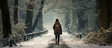 ai généré photo de une seul promeneur, une femme en marchant par une couvert de neige forêt, sa figure enveloppé dans brouillard.