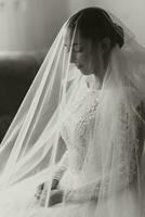 portrait de une magnifique la mariée avec mariage coiffure et se maquiller, séance en dessous de une voile. noir et blanc photo