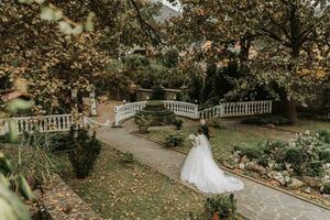 Jeune magnifique mariage couple en portant mains en marchant dans le jardin, photo de au dessus