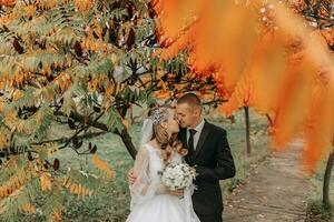 tondu portrait de une couple dans l'amour dans un l'automne parc. une blond la mariée dans une mariage robe avec manches et une bouquet de fleurs dans sa mains. le jeune marié est dans une classique noir costume, blanc chemise et attacher photo