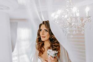 une magnifique la mariée dans une mariage robe, en portant Rose boutonnières en dessous de une voile photo