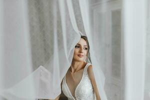 une brunette fille est en train de préparer pour le mariage. portrait photo de le la mariée dans une mariage robe avec un élégant coiffure et luxueux se maquiller, photo de le la mariée en dessous de le voile