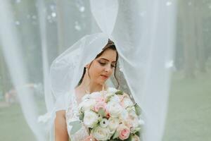 le la mariée dans une mariage robe avec une longue train et une voile détient une mariage bouquet de des roses, en dessous de le voile photo