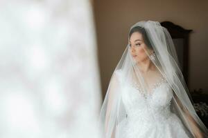 portrait de le la mariée. le la mariée dans une robe, couvert avec une voile, pose. magnifique cheveux et se maquiller. ouvert buste sur le robe. diadème avec cristaux photo