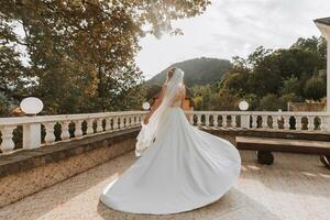 le la mariée dans une volumineux blanc robe et une longue voile, souriant, tourne dans le parc en dessous de grand des arbres, en portant sa robe. portrait de le la mariée. magnifique maquillage et cheveux. photo