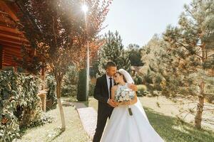 une élégant jeune marié dans une noir costume et une mignonne la mariée dans une blanc robe avec une longue voile sont étreindre dans une parc. mariage portrait de souriant et content jeunes mariés. photo