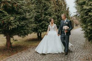 jeune marié et la mariée en marchant et en portant mains dans le parc parmi grand vert des arbres. grand angle l'automne photo. volumineux mariage robe. classique costume de le jeune marié photo