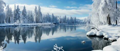 ai généré ensoleillé, hivernal journée à une congelé Lac dans une isolé parc, avec le région sauvage réfléchi sur le glacé surface. photo